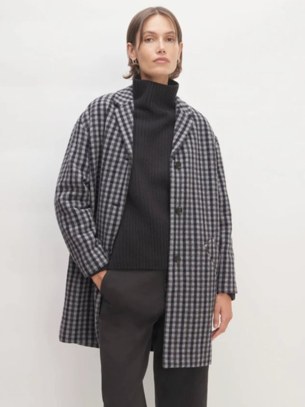 Everlane The Italian ReWool Cocoon Coat Grey Charcoal Navy Check Wool Size L